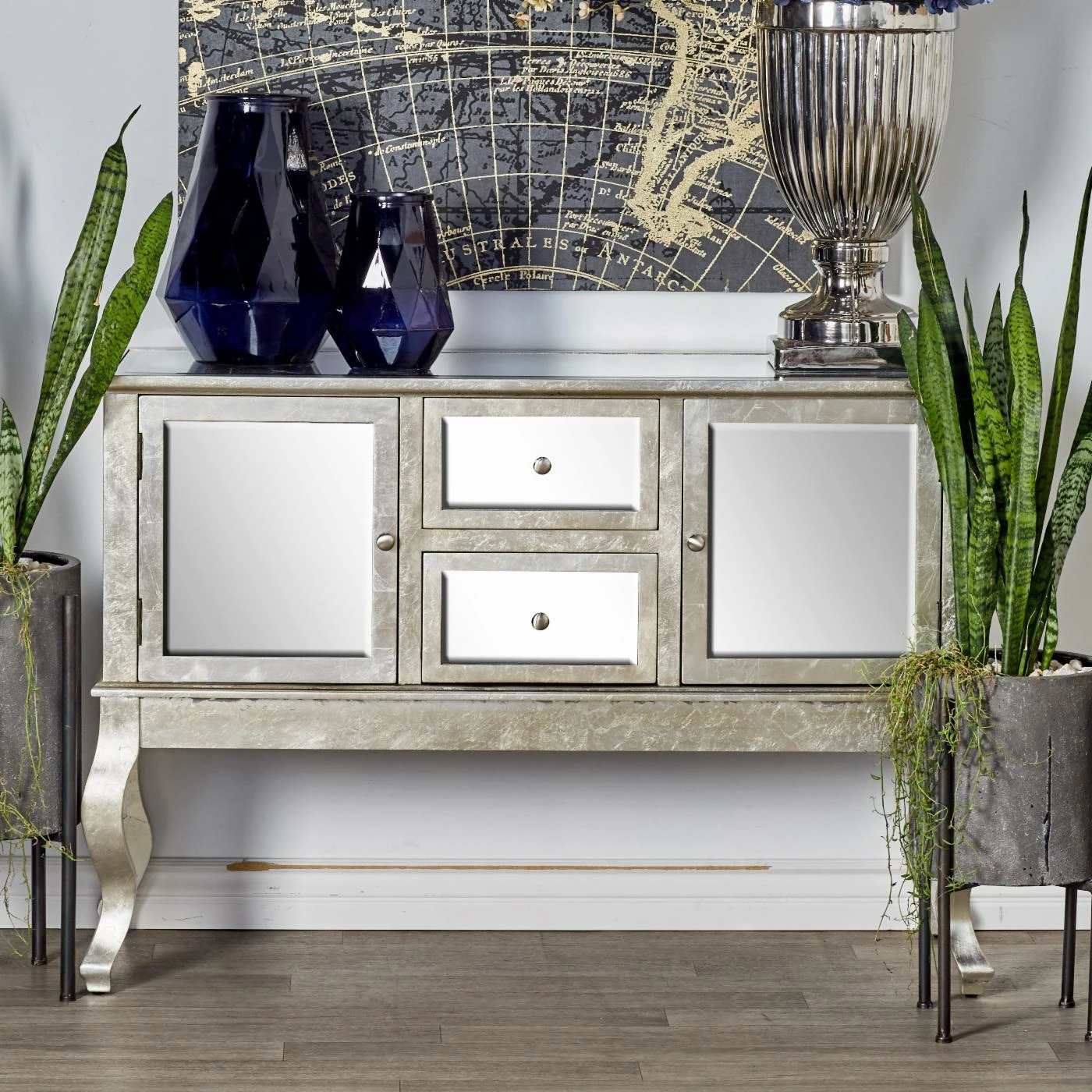 Promo π Buffets & Sideboards DecMode Modern Rectangular Mirror-Paneled Wooden Sideboard π